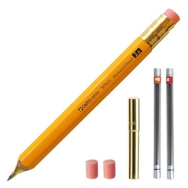 Imagem de Conjunto de lapiseira de madeira WN03, 2,0 mm extra negrito, barril grosso, lápis amarelo cedro incenso com refis de chumbo (HB, B), refis de borracha e apontador de latão para escrever, esboçar,