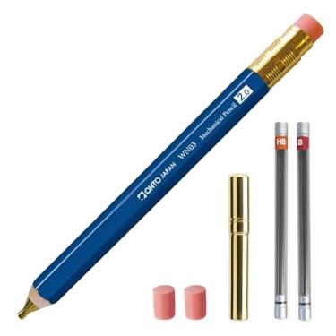Imagem de Conjunto de lapiseira de madeira WN03, 2,0 mm extra negrito, barril grosso, lápis azul cedro incenso com refis de chumbo (HB, B), refis de borracha e apontador de latão para escrever, esboçar,