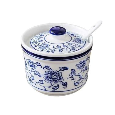 Imagem de 123Arts Pote de tempero de cerâmica azul e branco pote de tempero para ensopado pote de especiarias com tampa