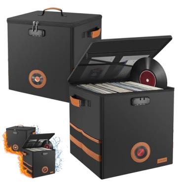 Imagem de Pacote com 2 caixas de armazenamento de discos de vinil com fechadura, dobrável e empilhável, caixa de armazenamento de discos LP à prova de fogo e à prova de água, comporta mais de 100 discos, estojo