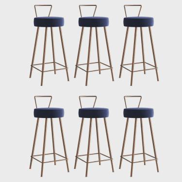 Imagem de Kit 06 Banqueta Alta Com Encosto Tais Eiffel Cozinha Bar Bistrô Ferro Bronze Corino Azul Marinho - Ahz Móveis