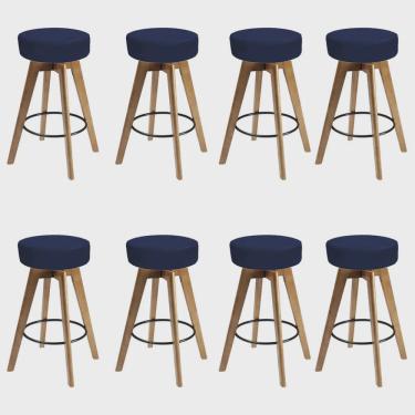 Imagem de Kit 08 Banqueta Alta Redonda Giratória Elsa Madeira Balcão Bistrô Cozinha Sintético Azul Marinho - Ahz Móveis