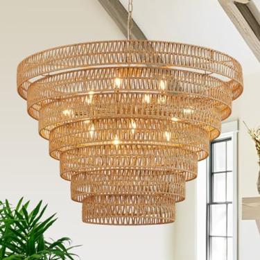 Imagem de Widluth Lustre De Vime Trançado À Mão, Estilo Vintage, Estilo Fazenda, Com 15 Luzes, Estilo Boho, Bambu, Grande, Luminária, 7 Níveis, Candelabro De Vime Para Sala De Jantar, Sala De Estar, Cozinha,