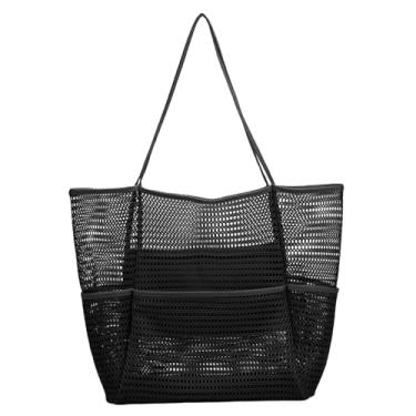 Imagem de Tefedpot Bolsa de praia grande, sacolas de compras reutilizáveis dobráveis resistentes, bolsa de brinquedo de praia, bolsas de praia para mulheres, A - Preto, Large