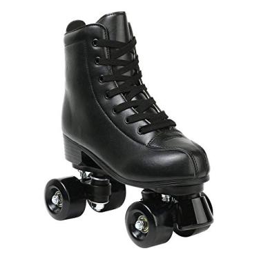 Imagem de Patins femininos que acendem as rodas, couro artificial ajustável com fileira dupla de 4 rodas, patins brilhantes para adolescentes, adultos (roda preta, 38-EUA: 7)