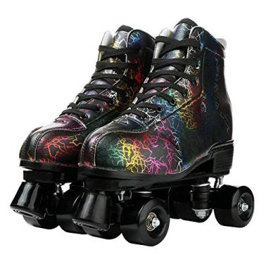 Imagem de Patins clássicos de duas fileiras de couro bovino de cano alto - patins de quatro rodas para homens, mulheres e meninas (preto relâmpago, 38 = EUA: 6)
