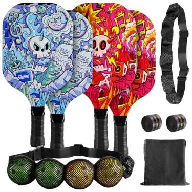 Imagem de Conjunto de 4 raquetes de pickleball, conjunto de 4 pás de madeira premium e 4 bolas de pickleball e 2 fitas de aderência e 2 cintos de pickleball e bolsa de transporte para iniciantes, homens, mulheres e adultos (padrão de caveira)