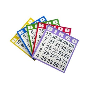 Imagem de JUNWRROW Cartas de jogo de papel de bingo - 500 folhas (100 livros de 5 cores) - cartas descartáveis de 10 x 10 cm - ideal para idosos, noites de jogos em família, grupos grandes e atividades em sala
