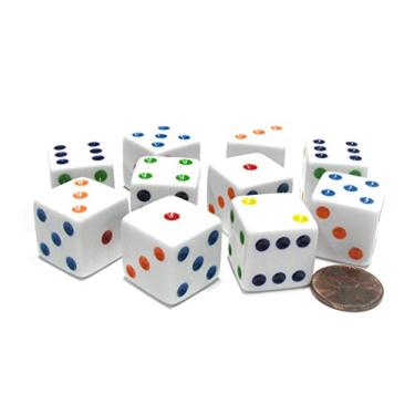 Imagem de Set of 10 Large Six Sided Square Opaque 19mm D6 Dice - White with Multicolor Pip by Koplow Games