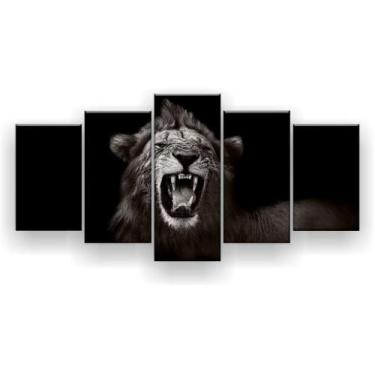 Imagem de Quadro Decorativo Mosaico 5 Peças Leão Presas Preto Branco - Excelênci