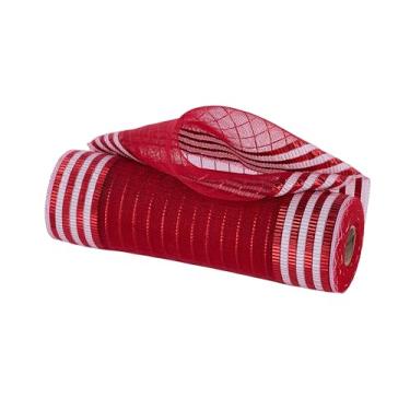 Imagem de Deco Poly Mesh de trama fina com listras metálicas a laser, 25,4 cm x 10 jardas (30 pés), fita de tecido para grinaldas, laços, artesanato e decorações de festa (vermelho, branco)
