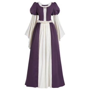 Imagem de CR ROLECOS Vestido Renascentista Feminino Manga Flare Medieval Fantasia Vintage Renascentista Vestido Vestido, Roxa, G