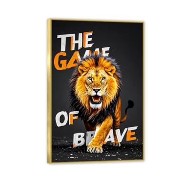 Imagem de Arte inspiradora de parede de escritório rugindo ouro emoldurado leão selvagem e feroz impressão em tela pôsteres de animais citações motivacionais imagens para decoração de parede de quarto masculino