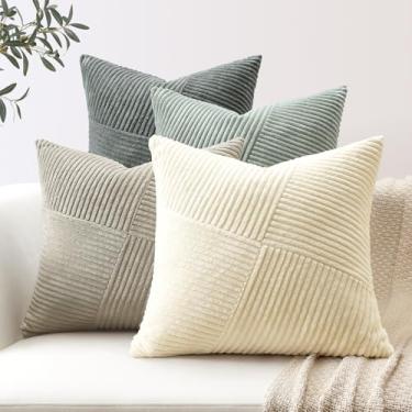 Imagem de OTOSTAR Conjunto de 4 capas de almofada decorativas de veludo cotelê macio boho fazenda quadrada capas de almofada mistas e combinadas para sofá, sofá, quarto, sala de estar, 50 x 50 cm, cinza neutro