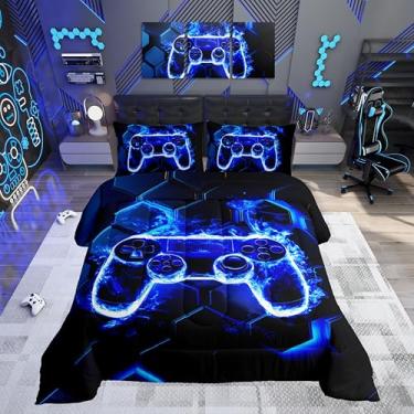 Imagem de Feelyou Jogo de cama Queen com estampa de favo de mel, azul e preto, para crianças, adolescentes e adolescentes