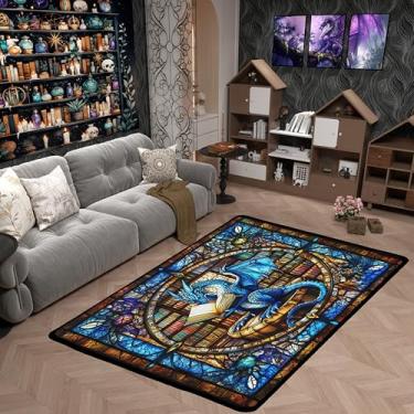 Imagem de Tapete de área infantil dragão ocidental, dragão azul, leitura, livro, estante, tapetes para meninos e meninas, tapetes de banho abstratos geométricos patchwork, tapetes de banho trippy chique,