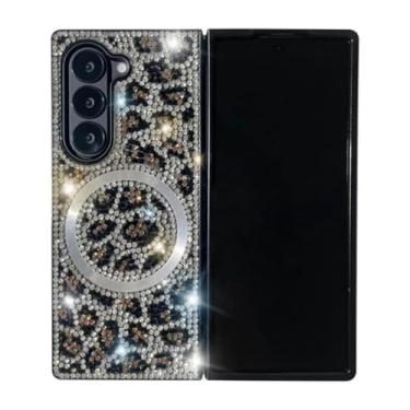 Imagem de Capa para Galaxy Z Fold6 com glitter brilhante, estampa de leopardo, corrente magnética, pulseira, lenço de seda perolada (para Galaxy Z Fold6/branco)