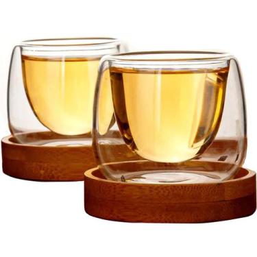 Imagem de Kit 2 Copos Parede De Vidro Dupla Com Base Em Bambu Para Café - Mimo S