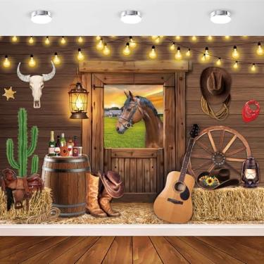 Imagem de Pano de fundo de cowboy ocidental selvagem rústico rodeio de madeira cavalo de celeiro fotografia para crianças adultos faixa de decoração de festa ocidental (304,8 x 243,8 cm)