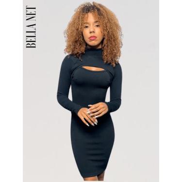 Imagem de Vestido feminino com mangas longas tubinho decotado gringa luxo tecido