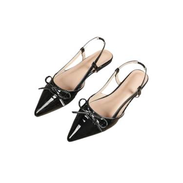 Imagem de BEAUDRM Sandália feminina de salto baixo com laço liso e salto fino, salto baixo, elegante, para festa e trabalho, Preto, 35
