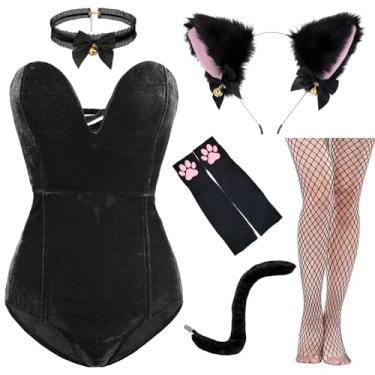 Imagem de xbuk Fantasia de gato para meninas adultas, fantasia de gato cosplay de Halloween, conjunto de fantasia de gato anime, Preto, M