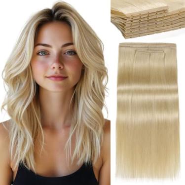 Imagem de LADY MIRANDA Extensões de cabelo humano loiro, 45,7 cm, 100G, microanel de poliuretano, trama invisível sem cola (loiro, 35,5 cm)