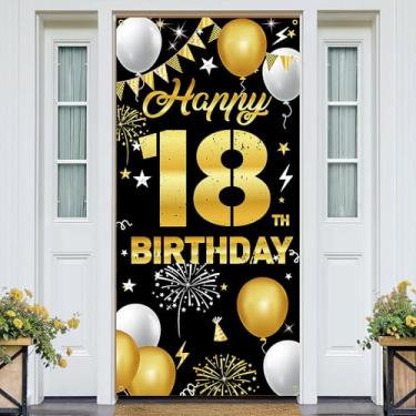 Imagem de HTDZZI Decorações de feliz aniversário de 18 anos – Faixa de pano de fundo de tecido preto e dourado para homens e mulheres, meninos e meninas – Placa grande de quintal de 18 anos, cabine de fotos e