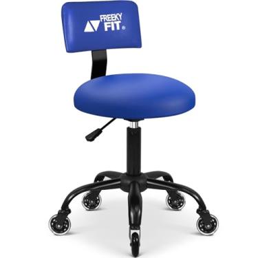 Imagem de FreekyFit Banco giratório com rodas, cadeira de garagem mecânica com altura ajustável de 39,5 a 46,5 cm, assento giratório resistente para garagem, salão de beleza e tatuagem, azul