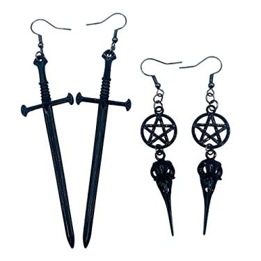 Imagem de Brincos de espada para homens / mulheres - brincos de pentagrama - brincos de adaga para mulheres - joias satânicas - joias piratas - brincos do dia dos mortos - joias alternativas - brincos góticos unissex - brincos de crânio - joias de Halloween - joias de tarô - brincos estilo punk, Large, Zinco,