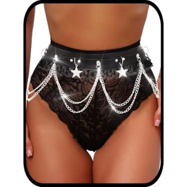 Imagem de Urieo Corrente de couro estrela corrente de renda preta corrente de barriga em camadas gótico rave acessórios corporais para mulheres