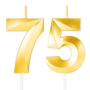Imagem de Velas de aniversário de 75 anos para bolo, velas douradas para topo de bolo de feliz aniversário, decorações de aniversário para homens e mulheres, festa de aniversário de casamento