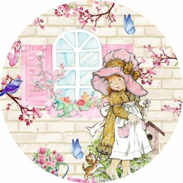 Imagem de Painel de Tecido Sublimado Redondo Bonequinha Casinha e Flores C/Elast