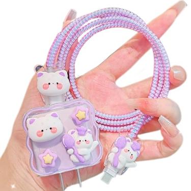 Imagem de Protetor de carregador fofo gato protetor de cabo para iPhone iPad 18W/20W capa de carregador, desenho animado 3D urso forma estrela cabo protetor, cabo de linha de dados, protetor de fio USB para
