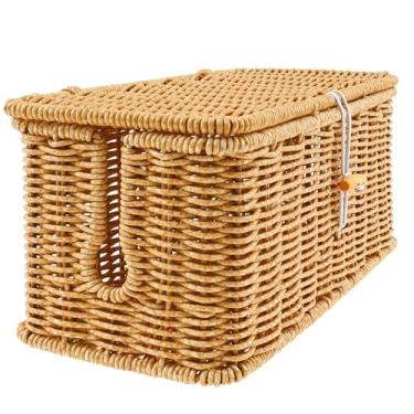 Imagem de Caixa de gerenciamento de cabos com tampa, organizador de tiras de energia de imitação de vime tecido à mão para roteador de computador, hub USB e régua de alimentação, caixa organizadora de cabos de