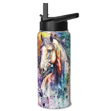 Imagem de Garrafa de água para cavalos, 510 g, isolada, esportiva, presente de cavalo, para meninas, meninos, crianças, copo de aço inoxidável com alça