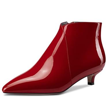 Imagem de Aachcol Botas femininas de cano curto, bico fino, salto baixo gatinho, com zíper, 4,9 cm, Vermelho vinho, 10