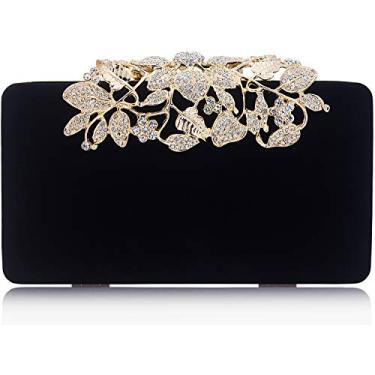 Imagem de Dexmay Bolsa feminina de veludo com fecho de flor de cristal de strass para festa preta