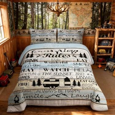 Imagem de Manfei Conjunto de edredom infantil rústico de aventura, tamanho king, cabana de acampamento feliz, casa de lago, decoração de quarto de meninas e meninos, edredom de madeira de casa de campo, 2