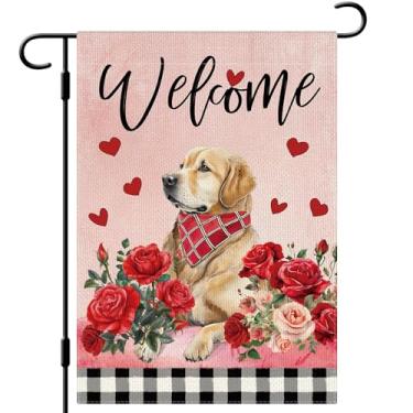 Imagem de DLZDN Welcome Valentines Day Dog Garden Flag Love Heart Roses Golden Retriever bandeira 30,5 x 45,7 cm dupla face búfalo xadrez fazenda quintal bandeira aniversário casamento ao ar livre decoração de