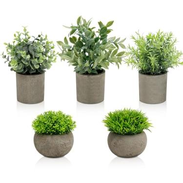 Imagem de AUUGUU Conjunto de 5 plantas artificiais em vasos, vegetação sintética em vasos de cimento para prateleira, estante de livros, escritório ou decoração de casa, pequenas plantas decorativas falsas para