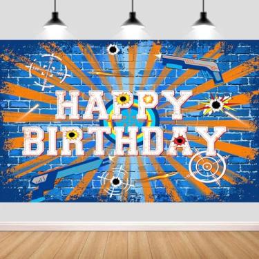 Imagem de 2,1 x 1,5 m decoração de festa com faixa de fundo de batalha de dardos feliz aniversário, tema alvo de arma de dardo, decoração de fundo de festa para crianças, meninos, aniversário, azul, 2
