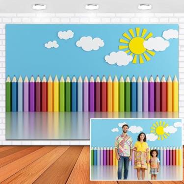 Imagem de Leowefowa Cenários para fotografia de interiores de quarto infantil, 3 x 2,4 m, giz de cera de vinil, nuvens de sol, fundo azul, para atividades de jardim de infância, decorações de quarto infantil