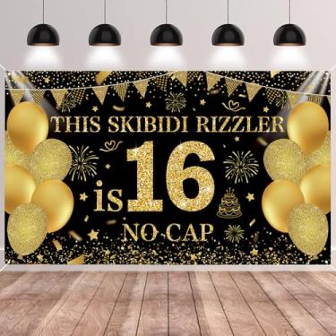 Imagem de SMENGGIL Black Gold This Skibidi Rizzler is 16 No Cap Happy Birthday Pano de Fundo Banner Fotografia Decorações de Fundo para Meninos Meninas 16th Year Bday Party Accessories Supplies 185 x 110 cm
