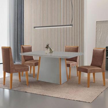 Imagem de Mesa De Jantar Diane 120cm Tampo Mdf Vidro 4 Cadeiras Lisboa Moderna Tork Off White Naturale Serigrafia