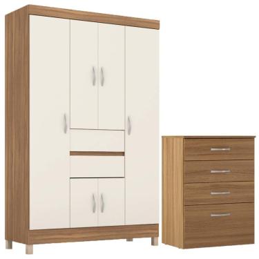 Imagem de Kit Guarda Roupa Solteiro 6 Portas Ecom Ii Cômoda Astral Amêndola Touch Off White