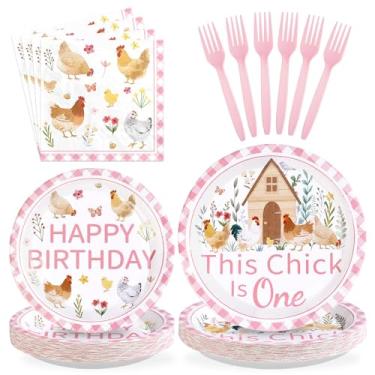 Imagem de 96 peças de artigos de festa de 1º aniversário de galinha, este pintinho é uma festa, pratos e guardanapos, descartáveis, animais de fazenda, curral, conjunto de utensílios de mesa para crianças, chá
