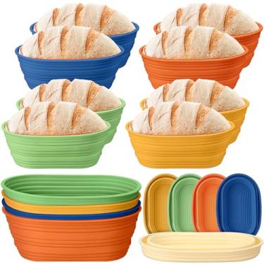 Imagem de Honeydak 4 cestos de silicone à prova de pão, oval, banneton, 25,4 cm, suprimentos para assar pão, antiaderentes, recipientes seguros para fazer pães (cor retrô)