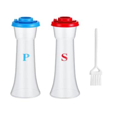 Imagem de PracFlairy 2 saleiros e pimenteiros de plástico, recipientes de sal e pimenta, em forma de ampulheta, saleiro e pimenteiro resistentes à umidade para cozinha doméstica, ao ar livre, cozinha (vermelho