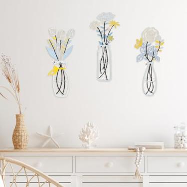 Imagem de 3 peças de arte de parede de flor de metal minimalista ferro 3D decoração de parede floral com 6 parafusos e 6 tubos de expansão para casa, quarto, sala de jantar